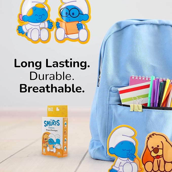 BioSwiss Bandages, The Smurfs Baby Smurf Shaped Self Adhesive Bandage, Latex Free Sterile Wound Care, Fun First Aid Kit Supplies for Kids and Adults, 24 Count Box-CubbioJoy