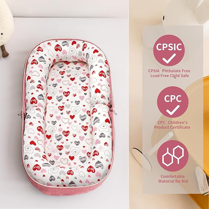 Baby Lounger, Foldable Infant Nest Pillow with Soft Memory Foam Mat, Cover with Adorable Pattern, Converts to Backpack for Easy Travel, 0-12 Months, Pink-CubbioJoy