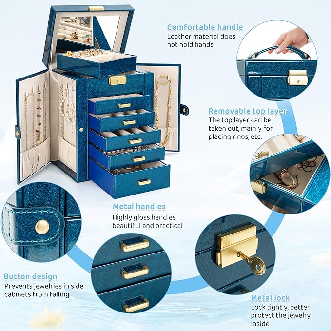 AKOZLIN 6-Tier Jewelry Box Lockable Leather Jewelry Storage Case with 5 Drawers for Women Girls Ring Necklace Earring Bracelet Holder Organizer with Mirror Blue-CubbioJoy