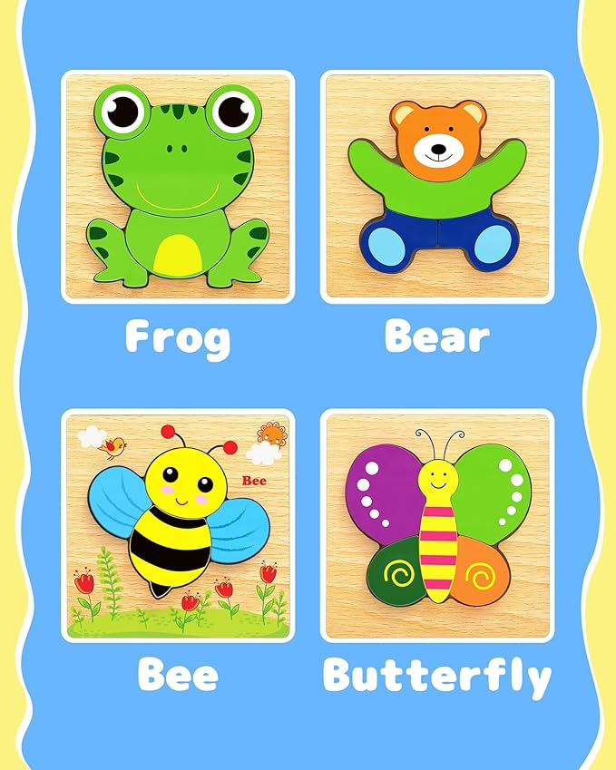 Bekayshad Wooden Puzzles Toddler Toys Gifts for 1 2 3 Year Old Boys Girls, 4 Pack Animal Jigsaw Puzzles Montessori Toys, Learning Educational Christmas Birthday Gifts for Girls Boys Ages 1-3-CubbioJoy