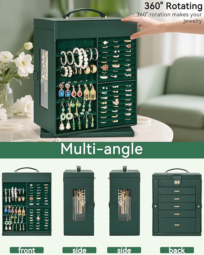 AKOZLIN 360° Rotating Jewelry Box 6-Tier Organizer Functional Jewelry Storage Case for Women Girls Ring Necklace Earring Bracelet Holder with Mirror-CubbioJoy