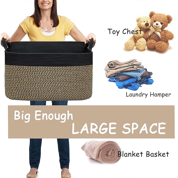 COMFY-HOMI Large Rectangular Blanket, Cotton Rope Woven for Storage, LaundryHamper, Storage,Toy Organizing Bin with Handle, Organizer and Storage-22x15x12-Black/Jute-CubbioJoy