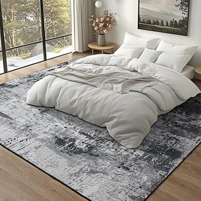 Area Rug Living Room Rug, 5x7 Modern Abstract Washable Rug Black Non Slip Foldable Faux Wool Vintage Carpet, Fluffy Non-Shedding Rugs for Living Room, Bedroom, Dining Room, Kids Playroom-CubbioJoy