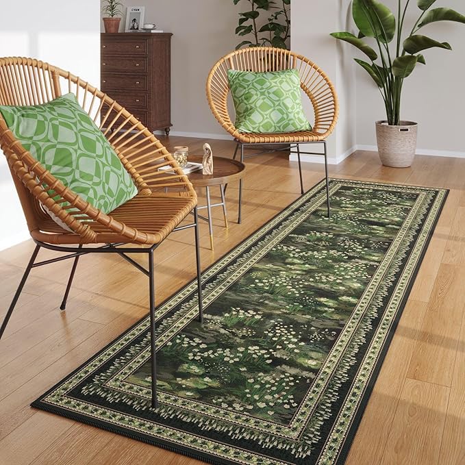 2x6 Runner Rug Impressionist-Style Vintage Kitchen Rugs Non Slip Washable Soft Carpet Runner for Kitchen Laundry Bedroom Bathroom, Green-CubbioJoy
