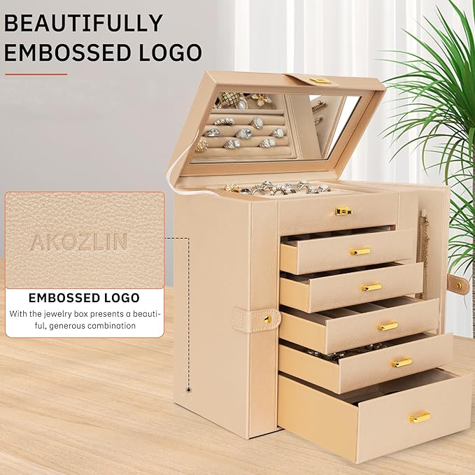 AKOZLIN Huge Jewelry Box Organizer Functional Extra Large Leather Jewelry Storage Case for Women Girls Ring Necklace Earring Bracelet Holder Organizer with Mirror-CubbioJoy