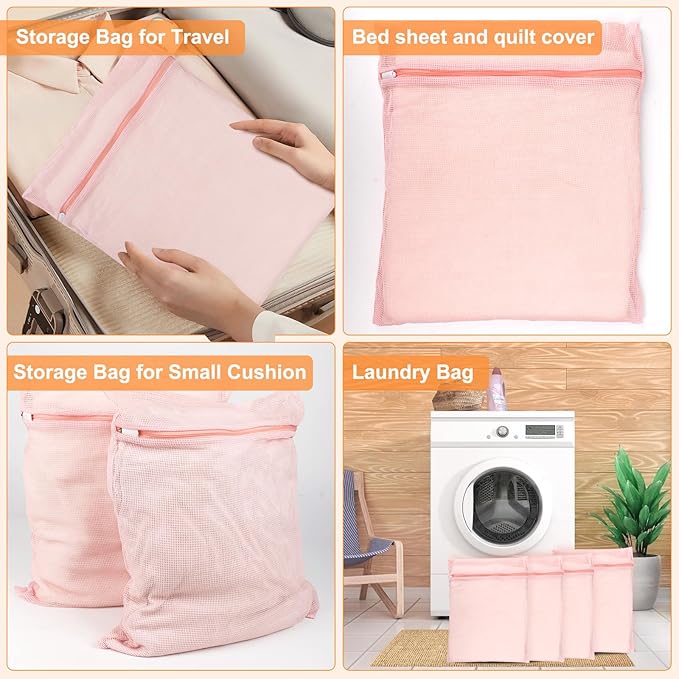 4-Piece Pink Large Durable Organic Cotton Mesh Laundry Bags with Sturdy Zippers and Breathable Mesh are Delicate Laundry Bags for Underwear, Clothes, Pants and Socks-CubbioJoy