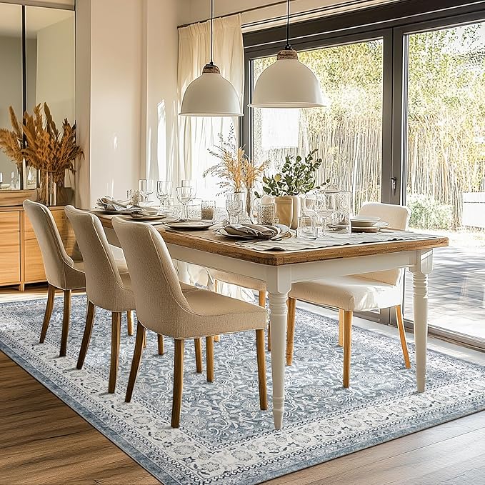 jinchan Floral 6x9 Area Rugs for Living Room - Machine Washable Vintage Distressed Boho Design Throw Rug Stain Resistant Carpet Low-Pile Thin Non-Slip for Bedroom Dining Room Nursery (6‘x9',Grey)-CubbioJoy