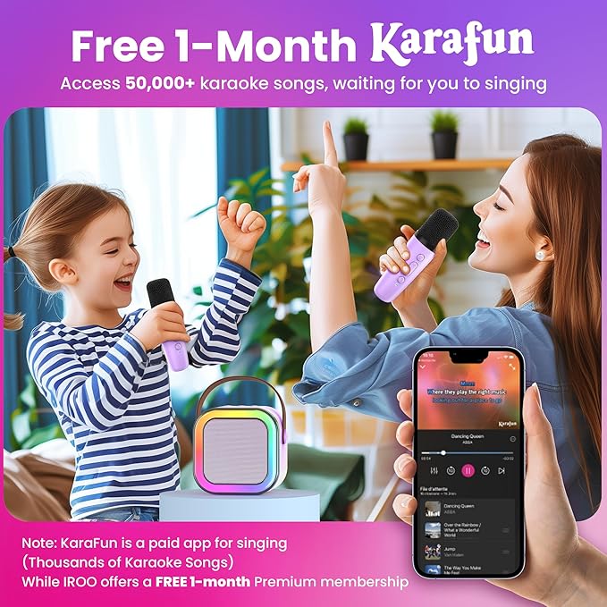 IROO Mini Karaoke Machine for Kids, 2025 TOP Toys Birthday Gifts Ideas for Girls Ages 4, 5, 6, 7, 8, 9, 10, 12+ Years Old, Portable MP3 Player with 2 Wireless Mics for Party-CubbioJoy