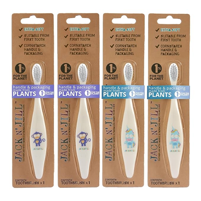 Jack N' Jill Baby & Toddler Toothbrush - 12 Months & Up, Age 2-4, Natural, Soft, Non Toxic, Cornhusk Handle, Kids Toothbrushes for Girls & Boys - Assorted Characters (4 Pack)-CubbioJoy