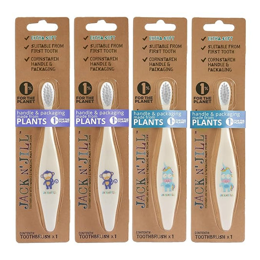 Jack N' Jill Baby & Toddler Toothbrush - 12 Months & Up, Age 2-4, Natural, Soft, Non Toxic, Cornhusk Handle, Kids Toothbrushes for Girls & Boys - Assorted Characters (4 Pack)-CubbioJoy