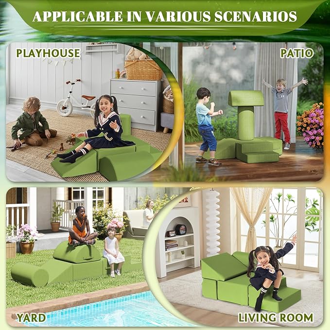 jela Foam Blocks 6Pcs Soft Play Equipment Waterproof Fabric, UV Resistant Toddler Climbing Toys Indoor& Outdoor Soft Play Climbing for Toddlers, Lightweight Climbing Blocks for Babies, Kids (Green)-CubbioJoy