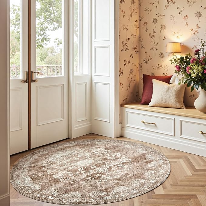 jinchan Round Rug 5ft Area Rug - Brown Vintage Floor Mat Kitchen Indoor - Washable Circle 5' Thin Floral Print Carpet Retro Farmhouse Non Slip Dining Room Living Room Bedroom Office-CubbioJoy