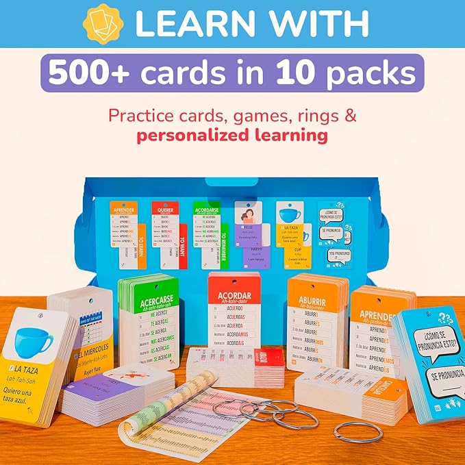 500+ Spanish Vocabulary Flash Cards for Adults & Kids Ages 15+ - Verb Conjugation, Nouns, Adjectives & Phrases to Learn Spanish for Adult Beginners Flashcards-CubbioJoy