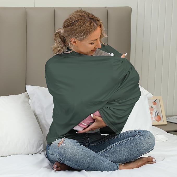 Breathable Car Seat Cover for Babies – Multi-Purpose Soft Rayon Nursing Cover for Breastfeeding, High Stretchy Infant Carseat Canopy, Stroller Cover (Smooth Rayon, Roman Green)-CubbioJoy