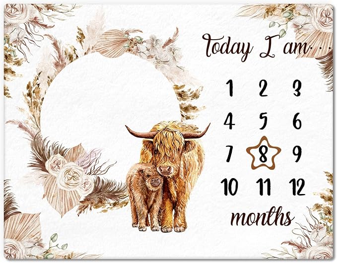 Boho Floral Baby Monthly Milestone Blanket Neutral Bohemian Photo Prop Blanket Personalized Highland Cow Baby Present Pampas Grass Ideas for Newborn Nursery Decor (Brown, Highland Cow)-CubbioJoy