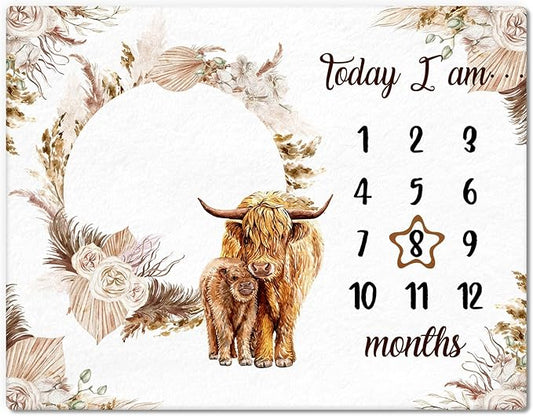 Boho Floral Baby Monthly Milestone Blanket Neutral Bohemian Photo Prop Blanket Personalized Highland Cow Baby Present Pampas Grass Ideas for Newborn Nursery Decor (Brown, Highland Cow)-CubbioJoy