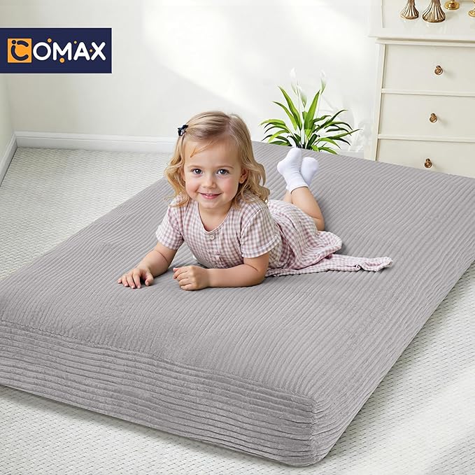 COMAX Kids Bean Bag Chair Turn into Beanbag Bed, Toddler Bean Chair Corduroy for Girl Boy Sleeping, Lazy Children Bean Bags with Filler, Convertible Child Floor Mattress, Light Grey-CubbioJoy
