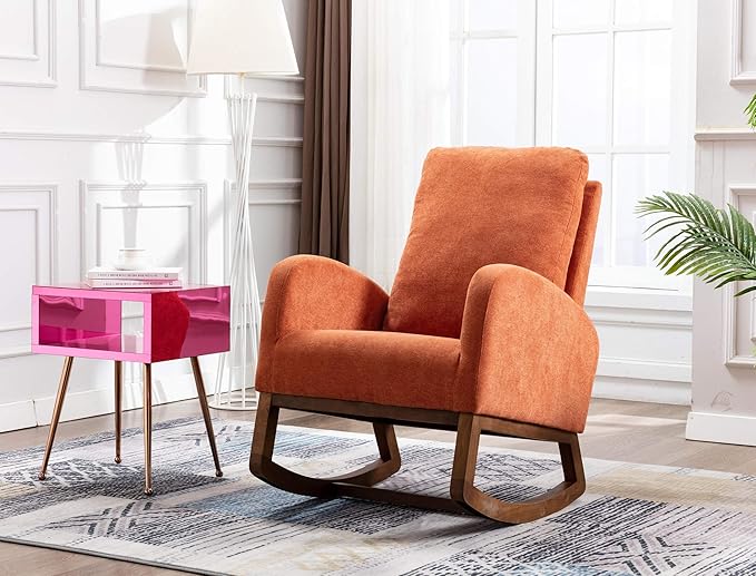 Dolonm Rocking Chair Mid-Century Modern Nursery Rocking Armchair Upholstered Tall Back Accent Glider Rocker for Living Room (Orange)-CubbioJoy