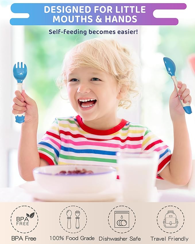 Deejoy Toddler Utensils, Self-feeding Flatware Set withTravel Case, Baby Spoons and Forks with Silicone Bendable Handle, Easy Grip Heat-Resistant, Ideal for Kids, Stage 2 (Blue)-CubbioJoy