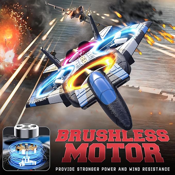 BEZGAR RC Plane for Kids | 2.4GHZ Brushless Drones with Camera, 6-axis Gyro Remote Control Airplane, 360° Flip Fighter Jet Toy, Toys for ages 8-13 with Colorful LED Navigation Lights Blue-CubbioJoy