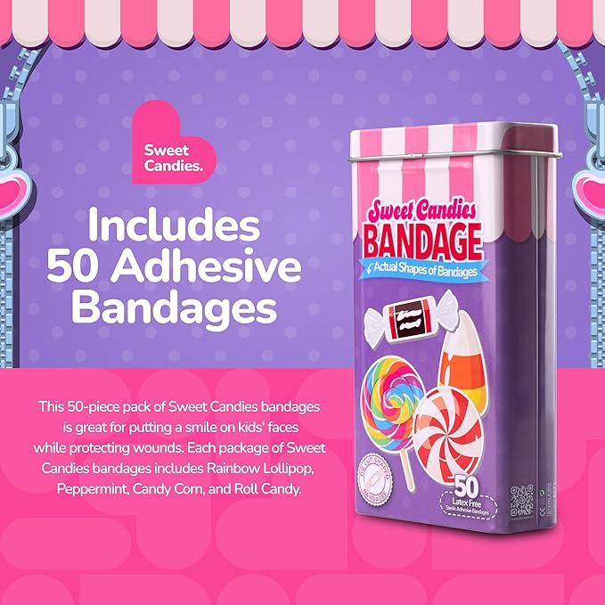 BioSwiss Bandages, Sweet Candies Shaped Self Adhesive Bandage, Latex Free Sterile Wound Care, Fun First Aid Kit Supplies for Kids and Adults, 50 Count-CubbioJoy