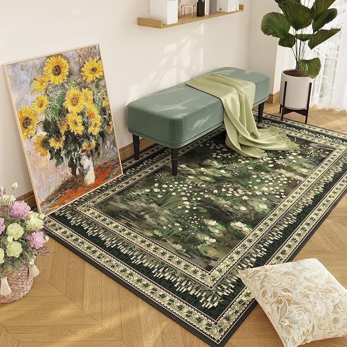 3x5 Washable Rug Impressionist-Style Vintage Non Slip Low Pile Small Carpet for Bedroom Bedside Kitchen Entryway Kids Room Office College Dorm Essentials for Girls, Green-CubbioJoy