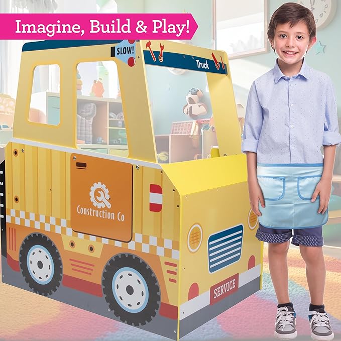 Construction Truck Wooden Playset w 60+ Toy Pieces- Pretend Hammer Saw Bolts & Screws- Spinning Turn Saw, Steering Wheel, Wood to Pull Apart- Dual Sided Play Stand Center, Workbench Building Kids Gift-CubbioJoy