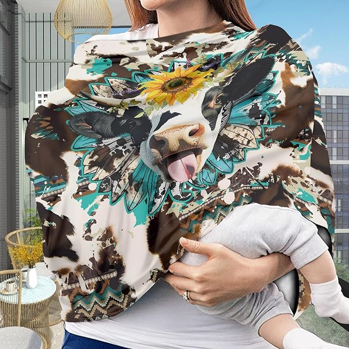 Binienty Brown Cow Sunflower Stretchy Car Seat Covers for Baby Boys Girls Infants,Breathable Babies Stroller Cover Canopies,Baby Shower Gifts-CubbioJoy