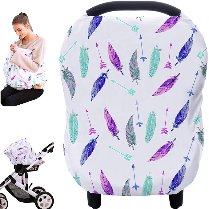 Carseat Canopy Covers for Breastfeeding - Baby Car Seat Covers Breastfeeding Cover Multi Use Boys and Girls Shower Gifts (Feather)-CubbioJoy