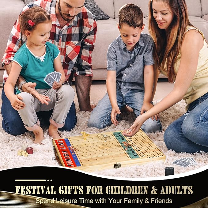 21 Inches Horse Racing Game, Horse Race Board Games with 11 Luxury Metal Horses,Thickened Wood Chessboard,Chips,Cards and Dice,Classic Wooden Table Top Board Games for Adults and Family-CubbioJoy