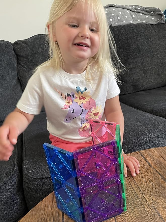 CreateOn Crayola Magnetic Tiles, Building Set for Kids, Magnetic Toys for Kids, Travel Toys, Classroom Sensory Toy Blocks, STEM & Montessori Tools for Boys & Girls Ages 3+, 14-Piece Set (Glitter)-CubbioJoy