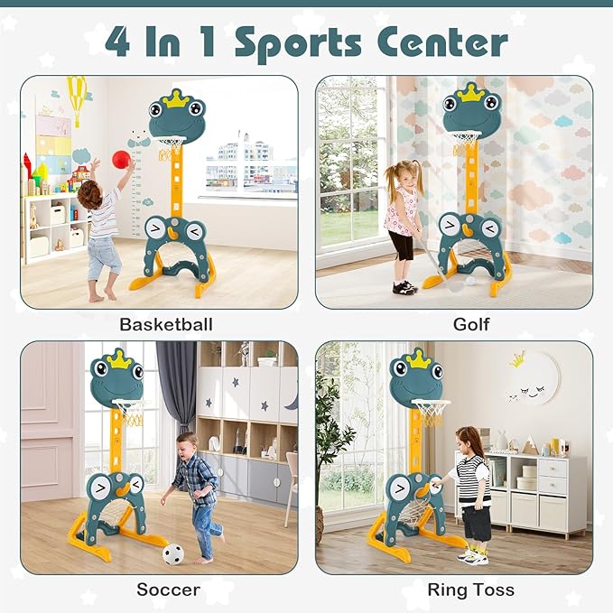 Costzon Toddler Basketball Hoop, 4-in-1 Kids Sports Activity Center with Rim, Soccer Goal, Golf, Ring Toss, Height Adjustable Kids Basketball Hoop with Fillable Base for Indoor Outdoor (Green Frog)-CubbioJoy