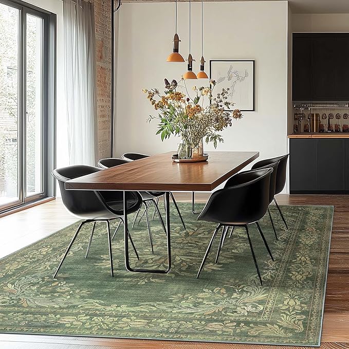 jinchan Floral 6x9 Green Area Rugs for Living Room - Machine Washable Vintage Distressed Design Soft Throw Rug Non-Slip Large Carpet for Bedroom Dining Room Home Office Nursery (6x9ft,Dark Green)-CubbioJoy
