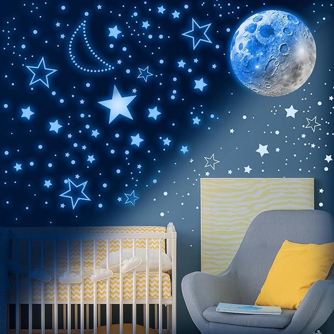 965 PCS Glow in The Dark Stars and Moon for Ceiling, Luminous Stars and Planet Wall Decals, Kids Room Decor, Glowing Galaxy Wall Stickers for Nursery Decorations (Blue)-CubbioJoy