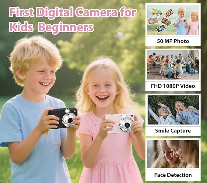 Digital Camera for 50MP FHD 1080P, Digital Point and Shoot Camera with 16X Zoom Anti Shake, Indoor&Outdoor Travel Compact Small Camera Gift for Boys Girls Kids Camera with 32GB Card, Pink-CubbioJoy