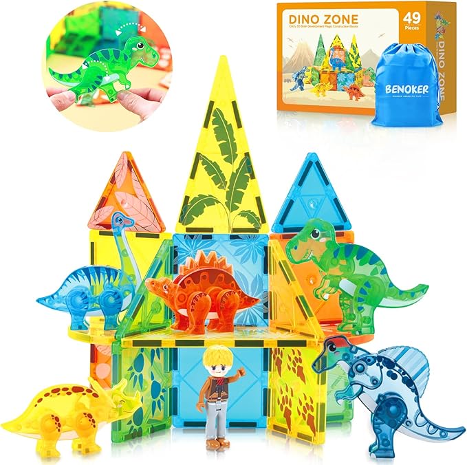 Dinosaur Magnetic Tiles,Animals Magnet Building Blocks Toys Dino World,3D STEM Educational Magnet Tiles for Boys Girls Kids Age 3 4 5 6 7 8-CubbioJoy