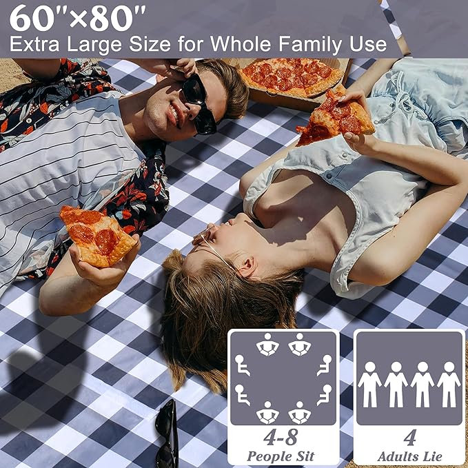 80"x60" Waterproof Sandproof Picnic Mat - Portable Foldable Outdoor Blanket for Beach, Park, Travel & Indoor Use - Lightweight Compact Design, Easy-Carry (Gray&White)-CubbioJoy