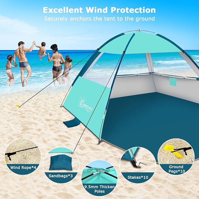 COMMOUDS Beach Tent Sun Shade for 3/4-5/6-7/8-10 Person, UPF 50+ Beach Sun Shelter Canopy Tent, Lightweight, Easy Set Up and Carry-CubbioJoy