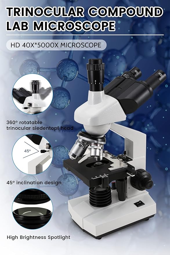 40X-5000X Microscopes trinocular for Kids Students Adults, with Prepared Slides 30p, Microscope Accessories, Compound trinocular Microscope,Microscopes for School Laboratory-CubbioJoy