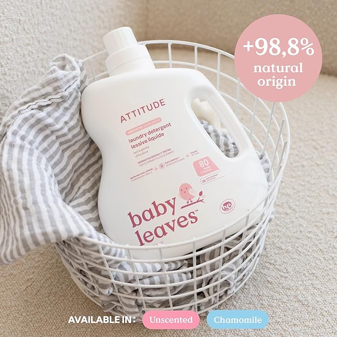 ATTITUDE Baby Laundry Detergent Liquid, EWG Verified, Safe for Baby Clothes, Infant and Newborn, Naturally Derived, HE Compatible, Soothing Chamomile, 80 Loads, 67.6 Fl Oz (AMAZON EXCLUSIVE)-CubbioJoy