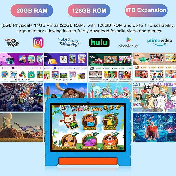 2025 Kids Tablet 10 inch Android 14 Tablets for Kid Octa-Core, 20GB+128GB (TF 1TB), Toddler Tablet with Shockproof Case, 2.4G+5G WiFi 6, Parental Control, Face Unlocked, Split Screen, BT5.0 (Blue)-CubbioJoy