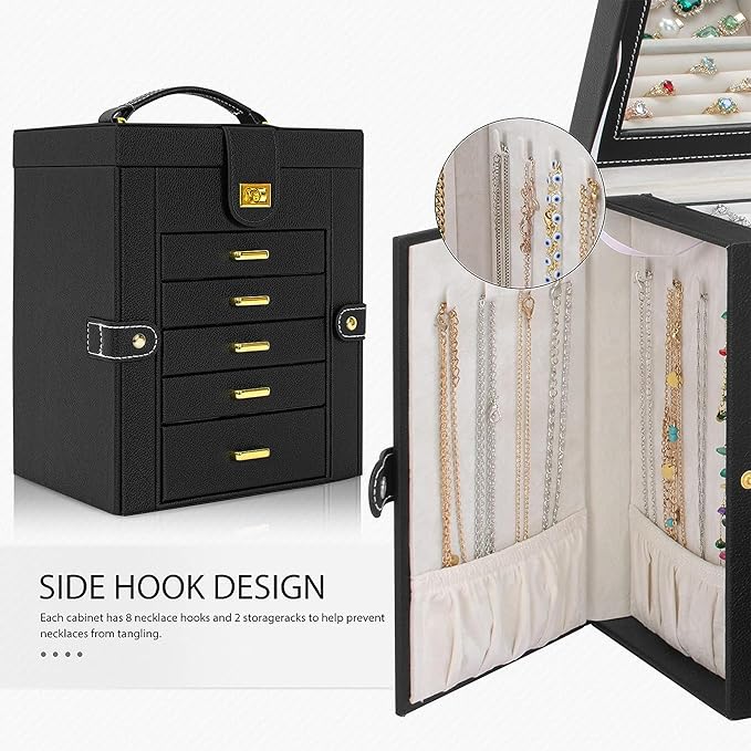 AKOZLIN Jewelry Box Organizer Functional Leather Jewelry Storage Case for Women Girls Ring Necklace Earring Bracelet Holder Organizer with Mirror Black-CubbioJoy