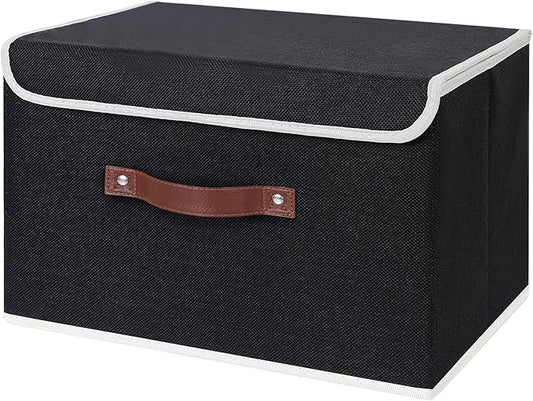 ANMINY Storage Bin with Lid Storage Boxes with PU Leather Handles PP Plastic Board Decorative Foldable Lidded Cotton Linen Fabric Home Cubes Baskets Closet Organizer Container - Black, Large Size-CubbioJoy