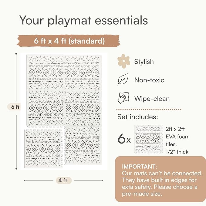 Baby Play Mat for Floor – 4x6ft Boho | Soft Non Toxic Premium EVA Foam Tiles for Tummy Time, Crawling & Playroom – Waterproof Interlocking Floor Mat for Babies & Toddlers by Lillefolk (6 Tiles)-CubbioJoy