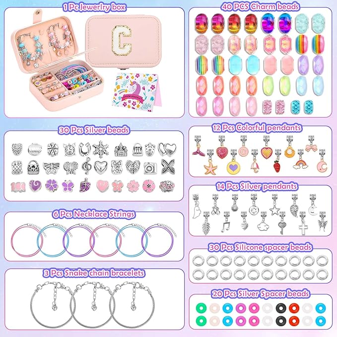 140 PCS Charm Bracelet Making Kit for Girls Age 8-12 Charm Beads for Kids Jewelry Making DIY Bracelet Craft Kit for Girls Valentine Christmas Birthday Gifts with Portable Bracelet Box-CubbioJoy