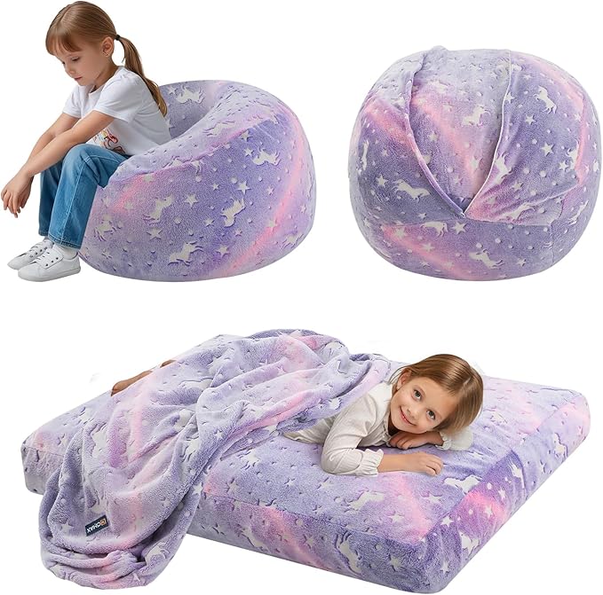 COMAX Kids Bean Bag Chair Turn into Beanbag Bed, Toddler Bean Chair for Girl Boy Sleeping, Lazy Children Bean Bags with Filler, Convertible Child Floor Mattress, Purple Unicorn-CubbioJoy