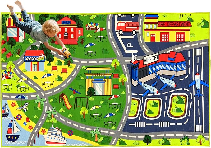 Car Rug Play Mat - Car Train Rugs Playroom Mat, Kids Rugs for Bedroom Road Rug with City Map Design Kid Room Decor, 59x31.49 lnches-CubbioJoy