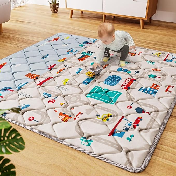 Car Portable Baby Play Mat 50x50 Playpen Mat Upgraded Thicker Baby Floor Play Mat Non-Slip Cushioned Crawling Mat Waterproof Kids Play Mat Activity Playmats for Babies Toddler Tummy Time(50x50, Car)-CubbioJoy
