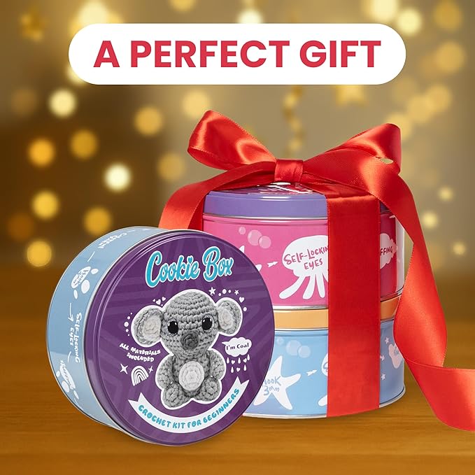 Cookie Box Crochet Kit for Beginners - Learn to Craft Amigurumi Stuffed Animals - Knitting Gift for Kids and Adults - Beginner-Friendly Yarn - Stitch-by-Stitch Video Tutorial - Koala Coal-CubbioJoy