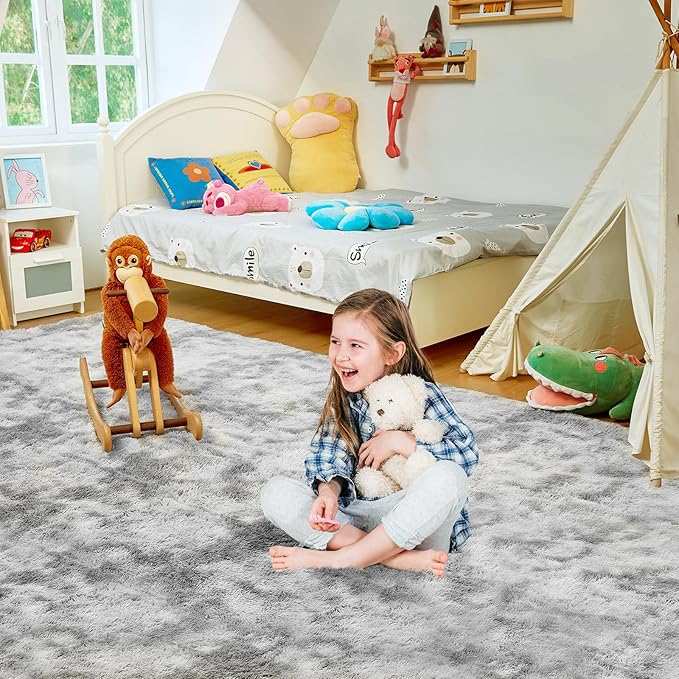 5X8 Ultra Soft Rug for Living Room, 5X8 Fluffy Shag Area Rug for Bedroom, Modern Shaggy Carpets Fuzzy Rug for Teens Dorm Nursery Home Decor Aesthetic, Upgrade Anti-Skid Durable, Tie-Dyed Light Grey-CubbioJoy